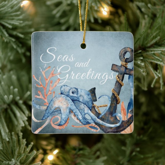 Personalized Seas and Greetings Octopus Beach Ceramic Ornament (Tree)