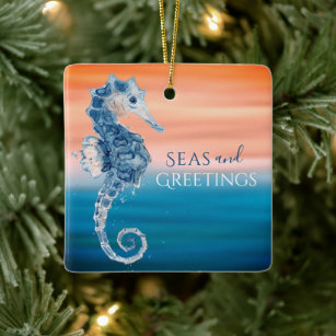 Personalized Seas and Greetings Seahorse Beach Ceramic Ornament