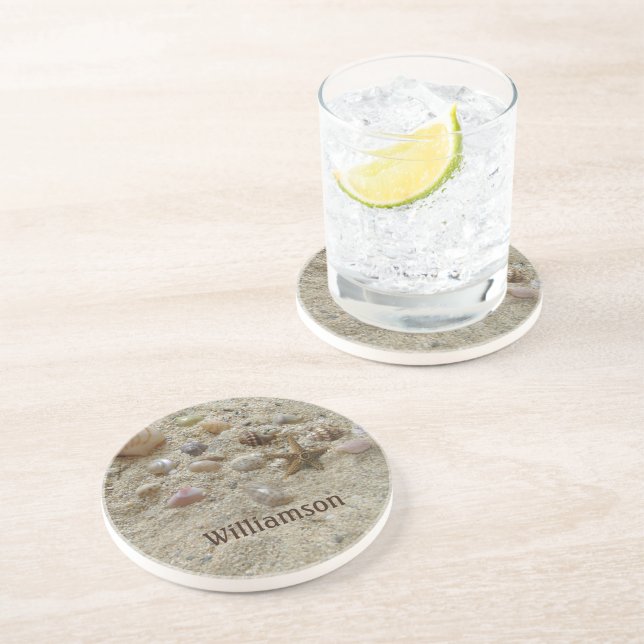 Personalized Seashells Beach Coastal Sandstone Coaster (Side)