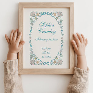 Personalized Seashells Ribbon Birth Info Poster