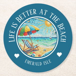 Personalized Seashore Beach Umbrella Round Paper Coaster