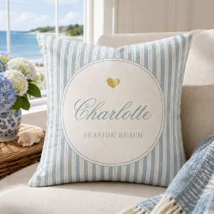 Personalized Seaside Beach Coastal Ticking Stripe Throw Pillow