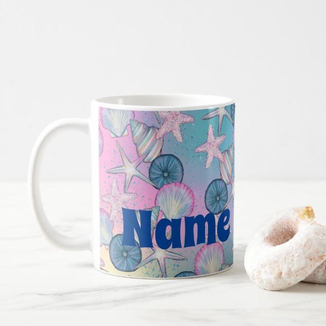Personalized Seaside Beach Design Coffee Mug (With Donut)