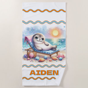 Personalized Seaside Serenity: A Seal's Vacation  Beach Towel