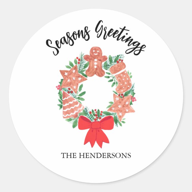 Personalized Seasons Greetings Wreath Classic Round Sticker (Front)