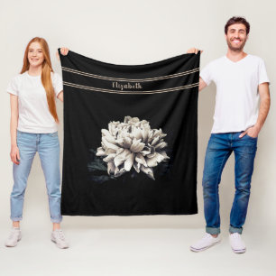 Personalized Sepia Peony Black Medium Size Fleece Blanket