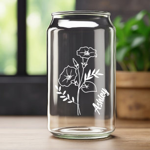 Personalized Sept Birth Flower Morning Glory White Can Glass