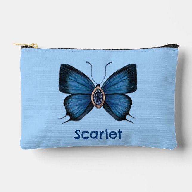 Personalized September Birth Blue Butterfly Accessory Pouch (Front)