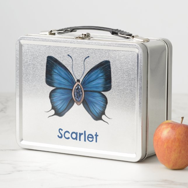 Personalized September Birth Blue Butterfly Metal Lunch Box (In Situ)