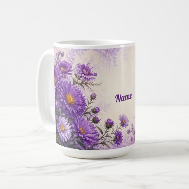 Personalized September Birth Flower Aster  Coffee Mug (Front Left)