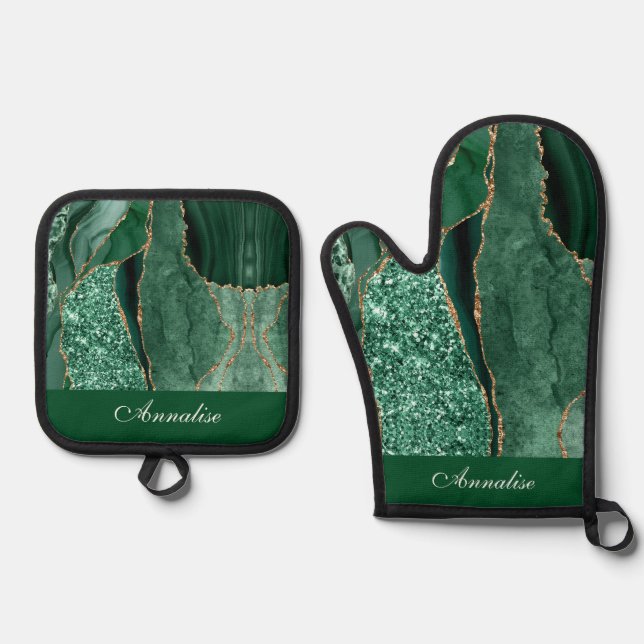 Personalized Sequin Green Agate Oven Mitt & Pot Holder Set (Front)