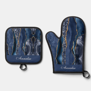 Personalized Sequin Navy Blue Agate Oven Mitt & Pot Holder Set
