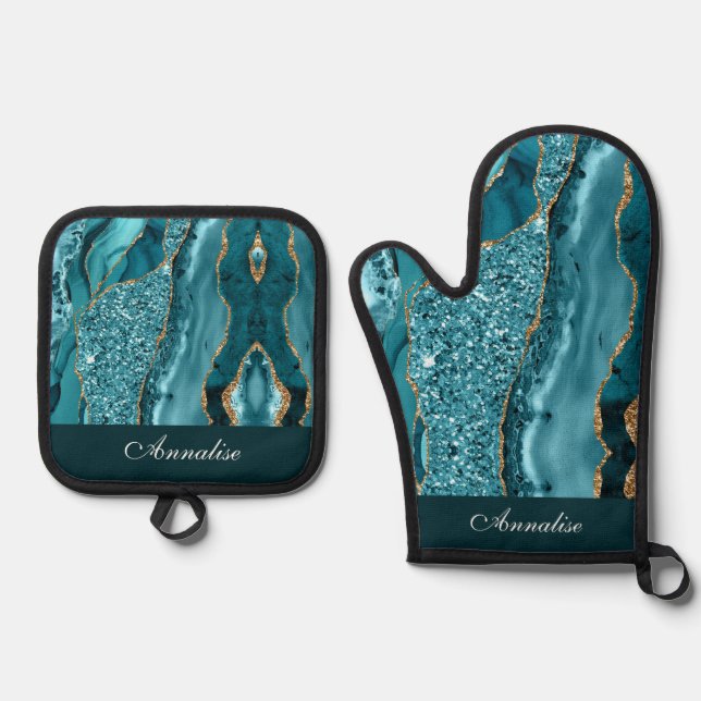 Personalized Sequin Teal Blue Agate Oven Mitt & Pot Holder Set (Front)
