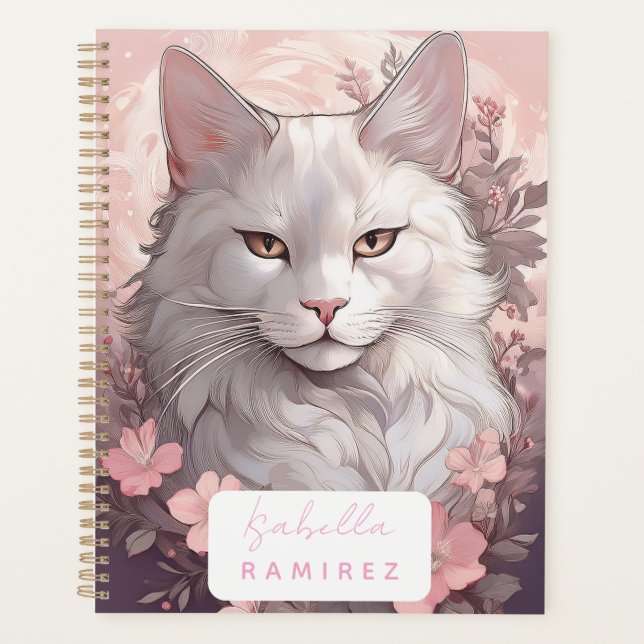 Personalized Serene White Cat Planner with Name (Front)