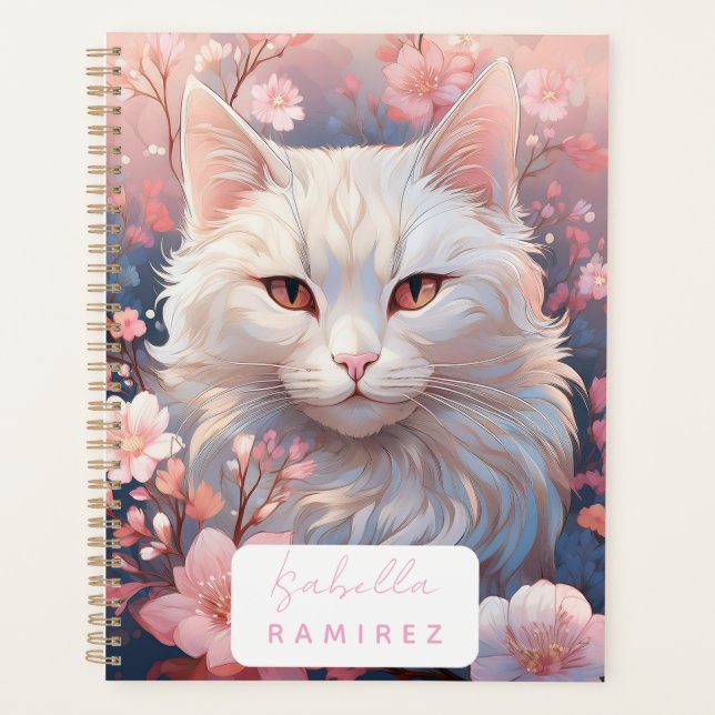 Personalized Serene White Cat Planner with Name (Front)