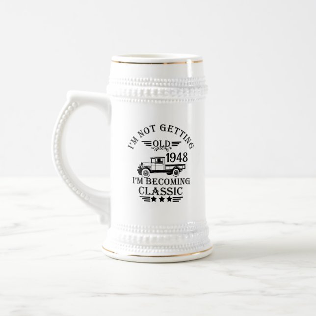 Personalized seventy five vintage 75th birthday beer stein (Left)