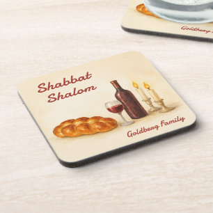 Personalized Shabbat Shalom Watercolor Coaster