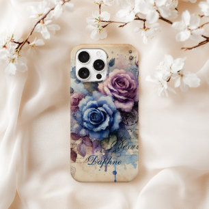 Personalized Shabby Chic Blue & Pink Roses iPhone 16 Pro Max Case