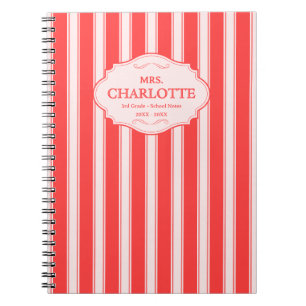 Personalized Shabby Chic Coral Pink Stripes Notebook