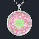 Personalized Shabby Chic Pink and Green Floral Silver Plated Necklace<br><div class="desc">Personalized Pink and Green Floral Shabby Chic Necklace</div>