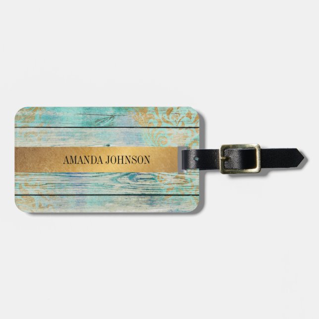 Personalized Shabby Rustic Golden Luggage Tag (Front Horizontal)