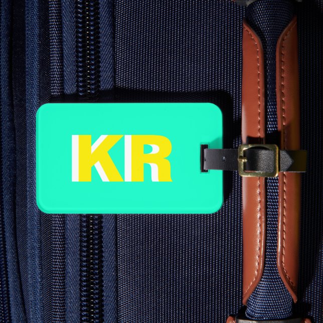 Personalized Shadow Monogram Yellow Teal Luggage Tag (Front Insitu 4)