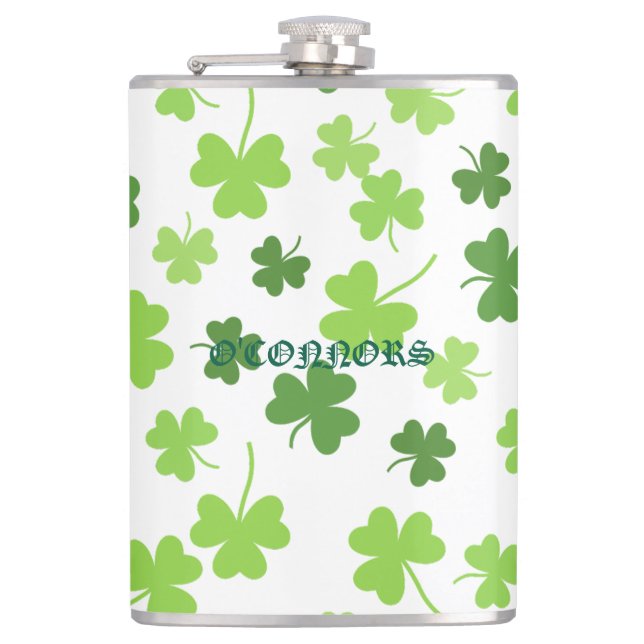 Personalized Shamrock Pattern Hip Flask (Front)