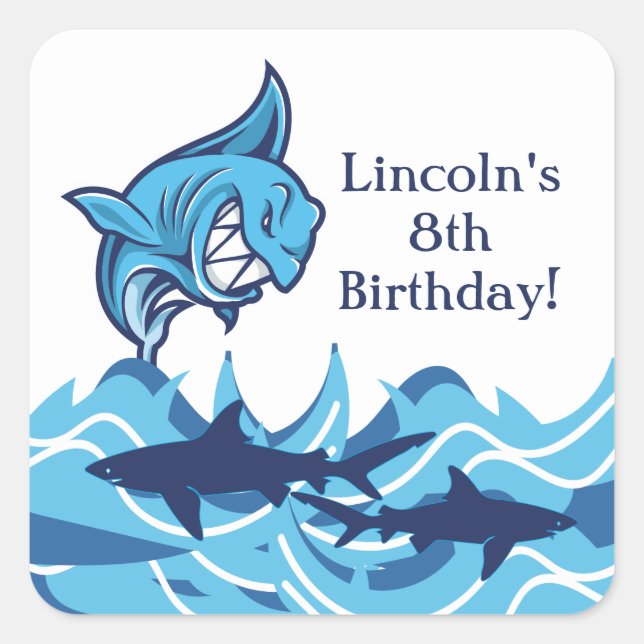 Personalized Shark Birthday Party Stickers (Front)