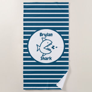 Personalized Shark Fish Blue White Striped Kids Beach Towel