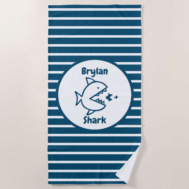 Personalized Shark Fish Blue White Striped Kids Beach Towel (Front)
