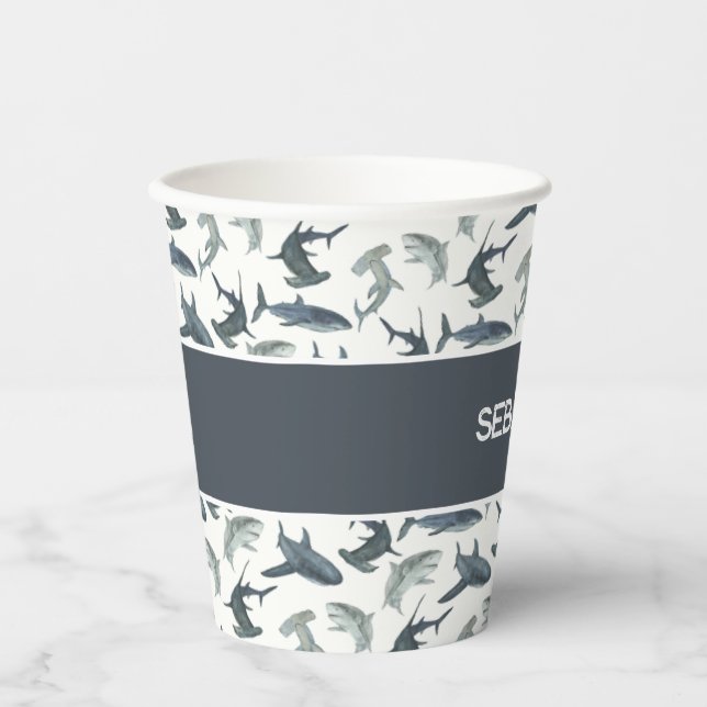 Personalized Shark Paper Cups | Watercolor Sharks (Front)