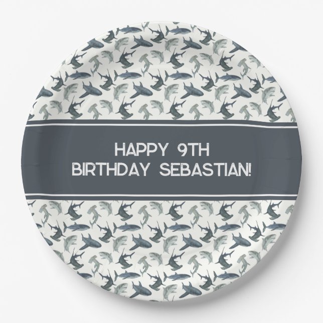 Personalized Shark Paper Plate | Watercolor Sharks (Front)