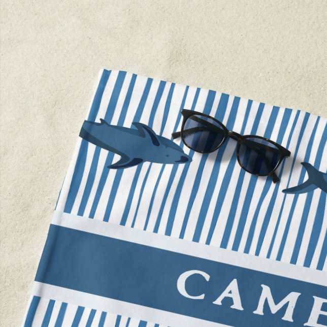 Personalized Shark White Blue Striped Kids Beach Towel (In Situ)