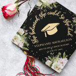 Personalized She Believed She Could Floral Graduation Cap Topper<br><div class="desc">Celebrate her achievement in elegant style with this “She Believed She Could So She Did” gold floral graduation cap topper. Designed with soft ivory and blush botanical florals framing a sleek black background, this personalized grad cap decoration features luxe gold typography and a classic graduation cap icon for a timeless,...</div>