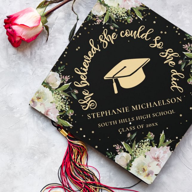Personalized She Believed She Could Floral Graduation Cap Topper (Personalized She Believed She Could Floral Graduation Cap Topper)
