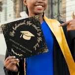 Personalized She Believed She Could Gold Glitter Graduation Cap Topper<br><div class="desc">Make her graduation moment shine with this stunning “She Believed She Could So She Did” gold glitter graduation cap topper. Designed with a bold black background and sparkling gold confetti accents, this elegant and modern grad cap decoration creates a glamorous statement for commencement day. Featuring a classic graduation cap icon...</div>