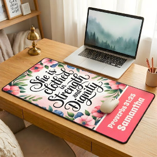 Personalized She Is Clothed in Strength Christian Desk Mat