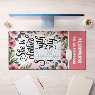 Personalized She Is Clothed in Strength Christian Desk Mat