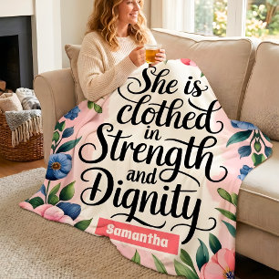 Personalized She Is Clothed in Strength Christian Fleece Blanket