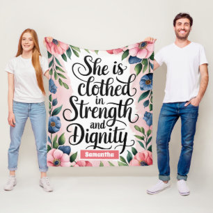 Personalized She Is Clothed in Strength Christian  Fleece Blanket