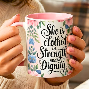 Personalized She Is Clothed in Strength Christian Mug