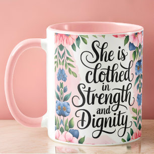 Personalized She Is Clothed in Strength Christian Mug