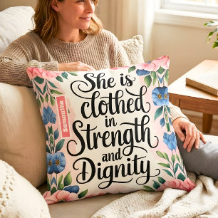 Personalized She Is Clothed in Strength Christian Throw Pillow