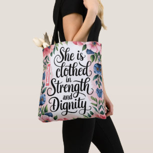 Personalized She Is Clothed in Strength Christian  Tote Bag