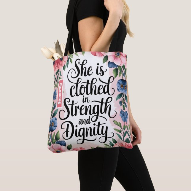 Personalized She Is Clothed in Strength Christian  Tote Bag (Close Up)