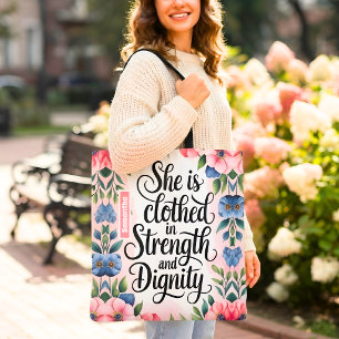 Personalized She Is Clothed in Strength Christian Tote Bag