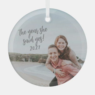Personalized She Said Yes Engaged Photo Christmas Glass Ornament