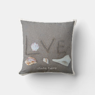 Personalized shells & 2 hearts on beach wedding throw pillow