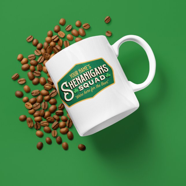 Personalized Shenanigans Squad Mug (Sip in style this St. Paddy's with our Shenanigans Squad mug – personalized for mischief-makers!)