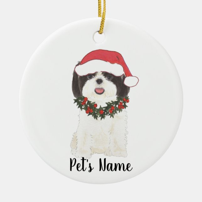 Personalized Shih Tsu (Black & White) Ceramic Ornament (Front)
